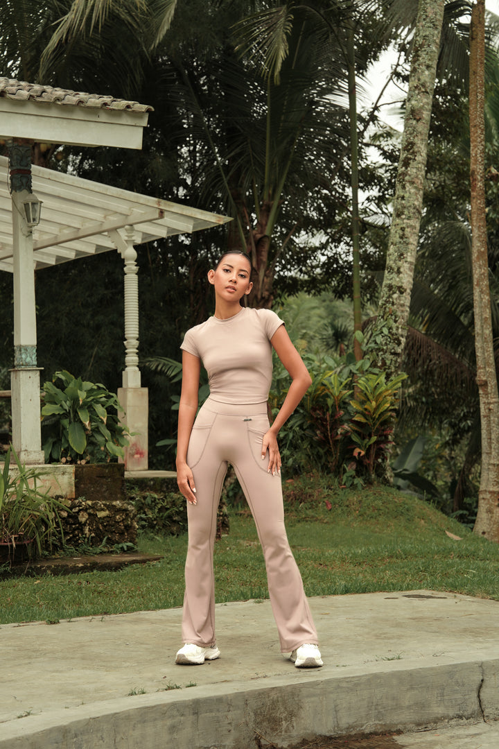 Flared Leggings (NO scrunch) 'Set The Barre' - Pine Bark (MEDIUM-LONG length)